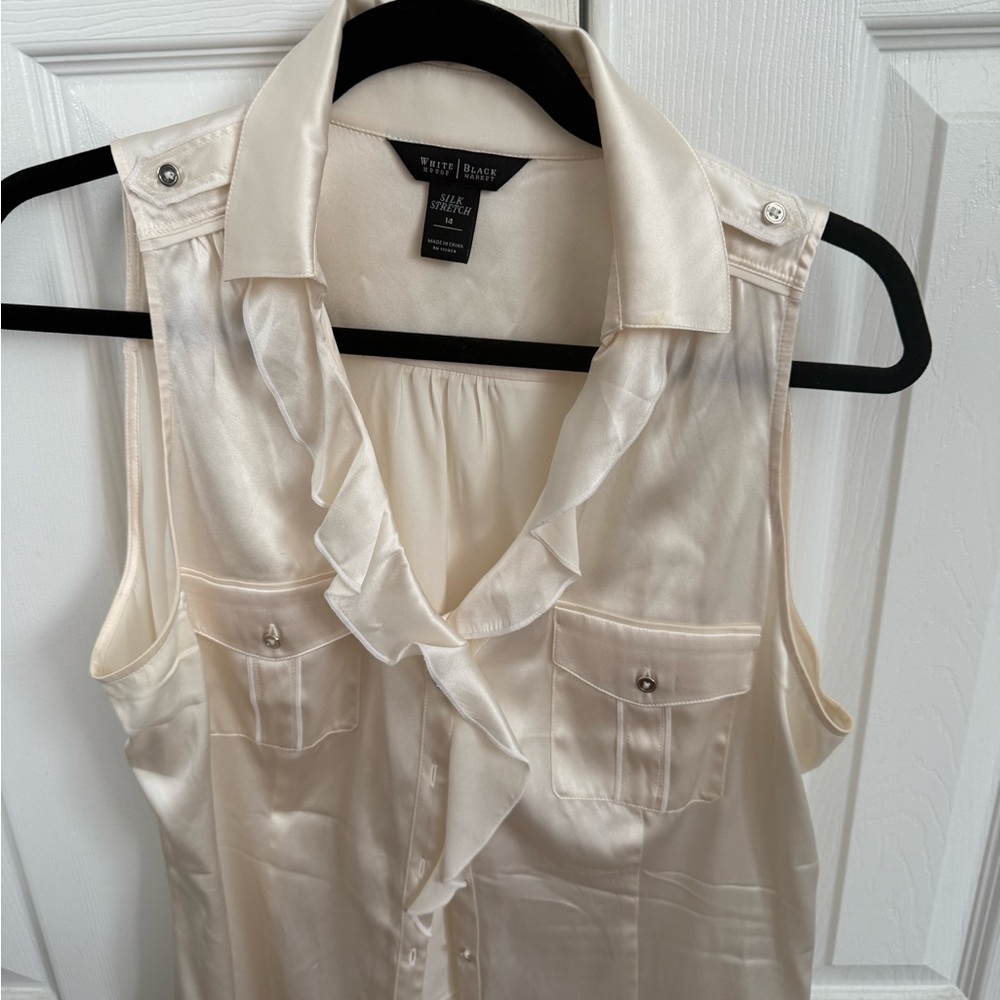 White House Black Market Silk Stretch Sleeveless Blouse Button Down Cream 14